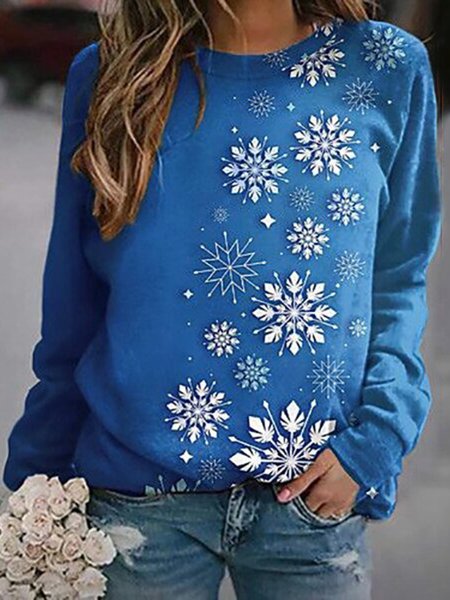 

Blue Christmas Snowflake Printed Loosen Casual Sweatshirt, Hoodies & Sweatshirts