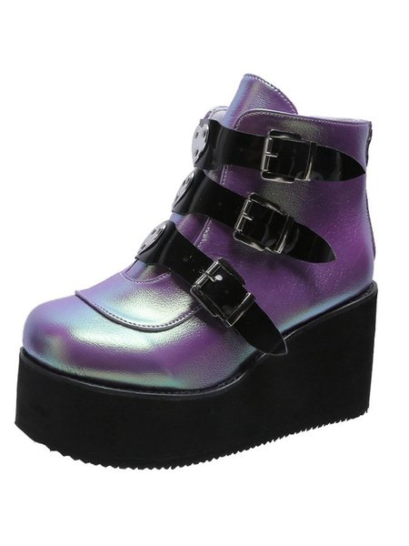

Casual Simple Metal Buckle Platform Boots, Purple, Boots