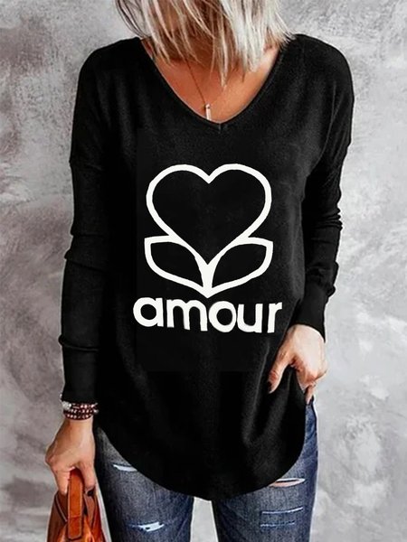 

Love Amour Pattern Long Sleeves V Neck Plus Size Casual Tops, Black, T-Shirts