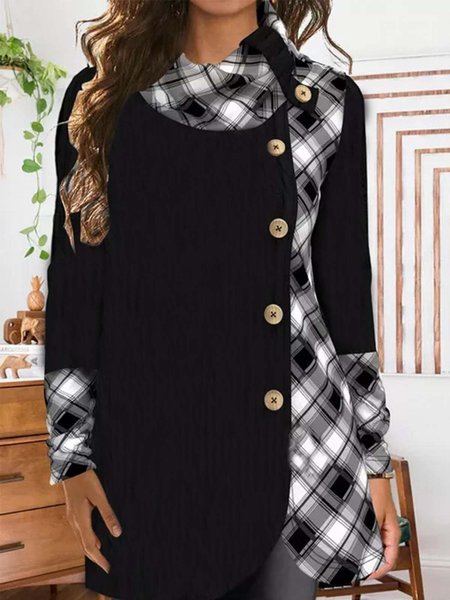

Casual Long Sleeve Plaid Top, Black, Tops
