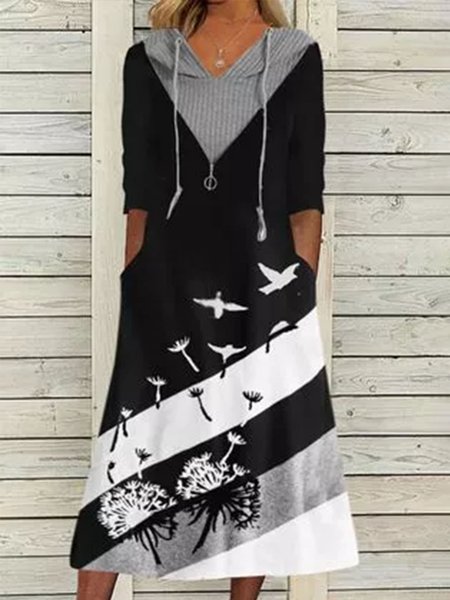 

Hooded Loosen Casual Dresses, Black-white, Midi Dresses