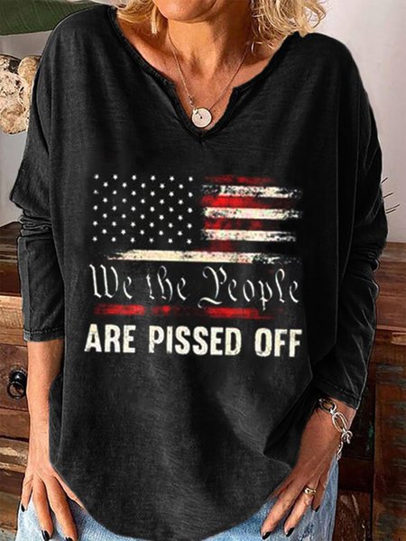 

Statement Letters Printed Long Sleeves V Neck Plus Size Casual Tops, Black, T-Shirts
