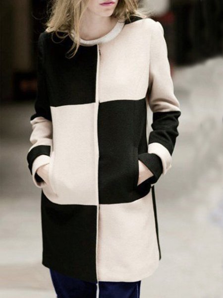

Geometric Vacation Crew Neck Coat, Black-white, Coats