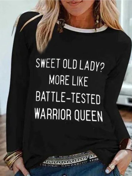 

Letters Printed Long Sleeves Crew Neck Plus Size Casual Tops, Black, T-Shirts