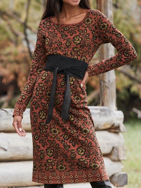 

U-Neck Regular Fit Floral Dresses, Cameo brown, Midi Dresses