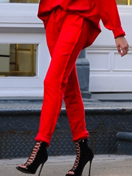 

Fall Solid Cotton Mid-weight Slightly stretchy Elastic waist Daily Pants, Red, Cropped Pants