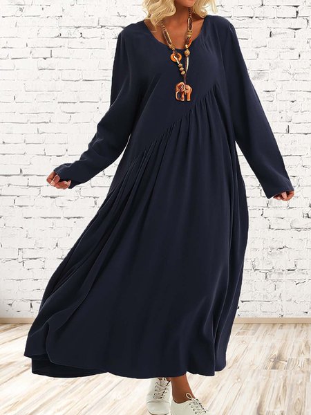 

Casual Loose Solid Color Long Sleeve Maxi Dresses, Navy blue, Maxi Dresses