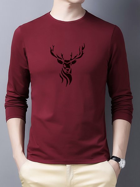 

Elk Graphic Long Sleeve Casual Tee, Wine red, T-shirts