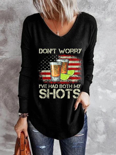 

Casual Long Sleeve V Neck Plus Size Printed Tops T-shirts, Black, T-Shirts