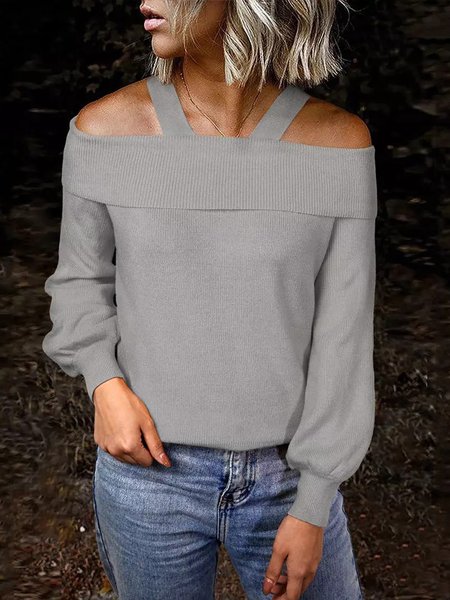 

Casual Solid Off the shoulder Long Sleeve Sweater, Gray, Knitwear & Sweaters