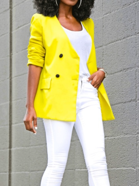 

Fall V neck Elegant V Neck Non-Stretch Work Formal Outerwear, Yellow, Blazers