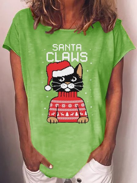 

Christmas cat print round neck short sleeve T-shirt, Green, T-shirts