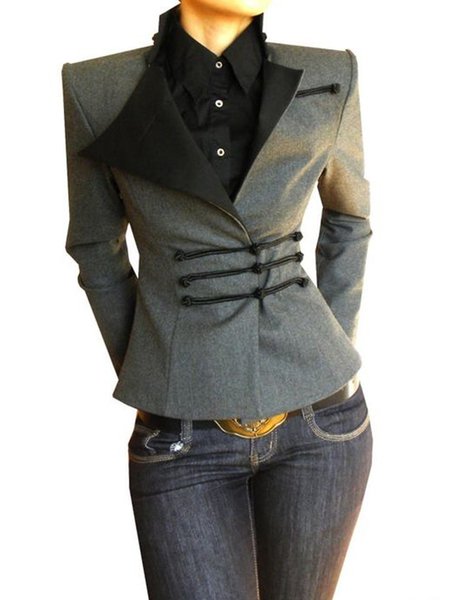 

Vintage Lapel Skinny Long Sleeve Solid Outerwear, Gray, Blazers