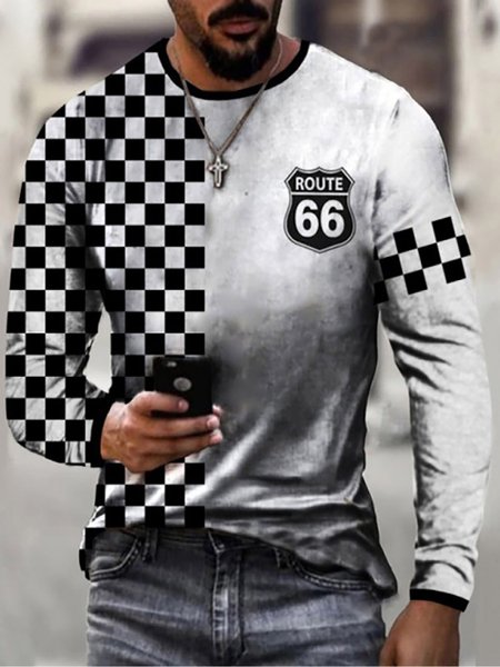 

Checkerboard Graphic Long Sleeve Casual Tee, Light gray, T-shirt