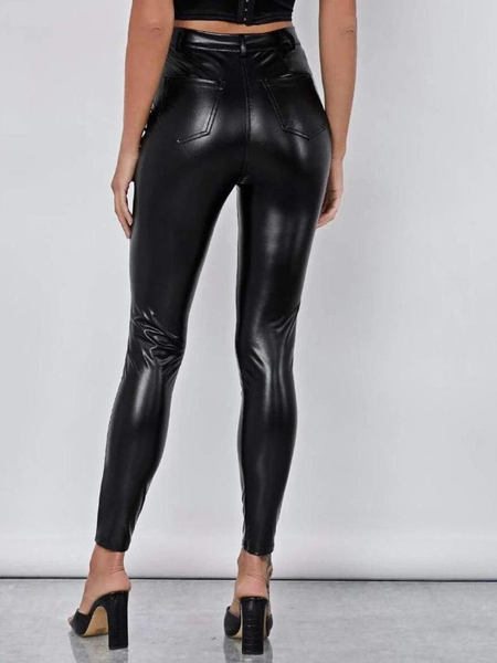 

Fall Plain High Stretch Zipper fly Mid-weight Date Party Daily Pants, Black, Leather Pants