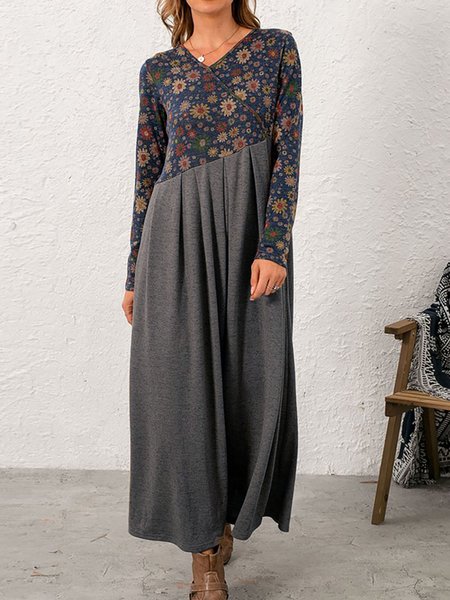

Vintage Casual Floral Printed Long Sleeve V Neck Dresses, Gray, Maxi Dresses