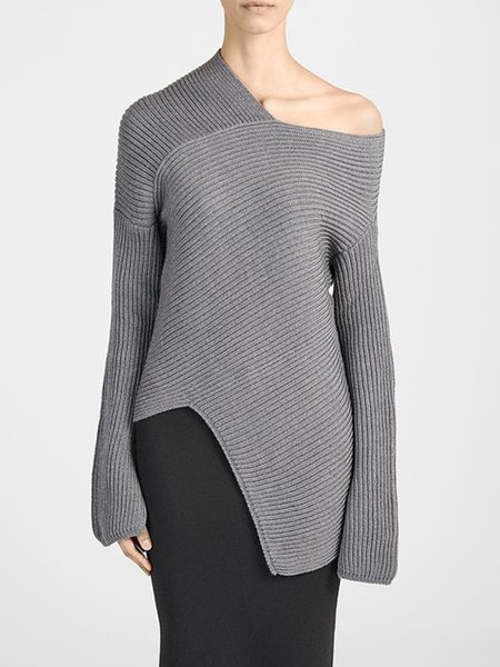 

Plain Regular Fit Asymmetrical Neck Sweater, Gray, Pullovers