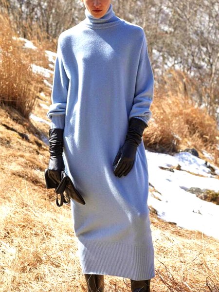 

High Neck Loosen Simple Dresses, Blue, Maxi Dresses
