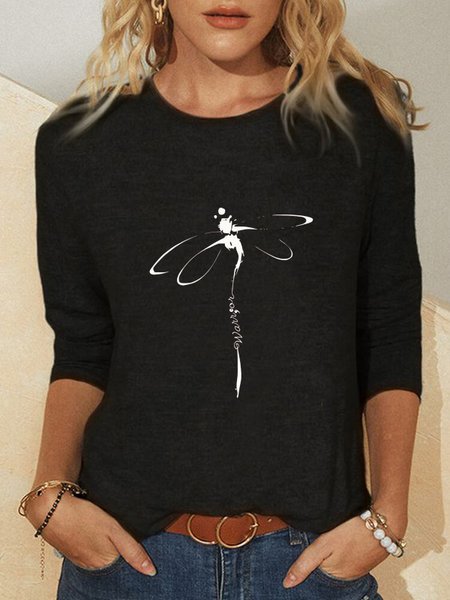 

Crew Neck Casual Dragonfly Printed Shirts & Tops, Black, T-Shirts