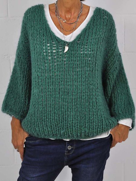 

Green Openwork Long Sleeve Solid Loosen Casual Sweater, Sweaters & Cardigans