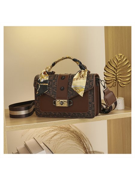 

Retro Print Silk Scarf Stitching Messenger Bag, Brown, Bags