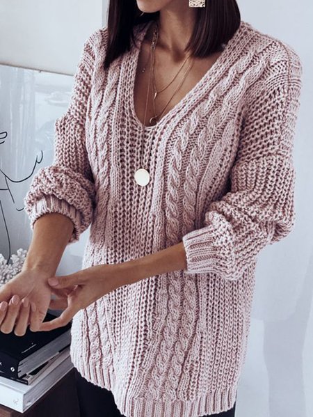 

V Neck Jacquard Casual Sweater, Pink, Sweaters & Cardigans