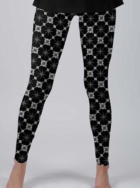 

Elastic waist Vintage Geometric Printed Skinny Pants, Black-white, leggings