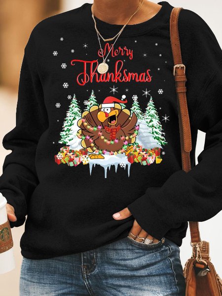 

Thanksgiving turkey print crew neck long sleeve Sweatshirts, Black, Hoodies&Sweatshirts