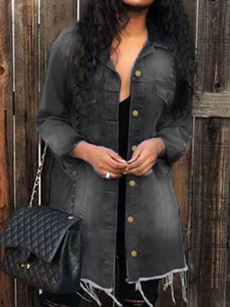 

Denim Solid Shirt Collar Outerwear, Black, Coats