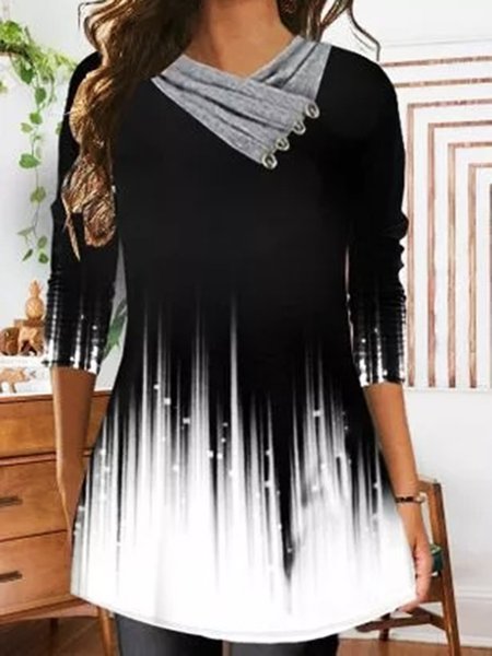 

Cowl neck Printed Casual Long Sleeve Shirts & Tops, Black, Tops