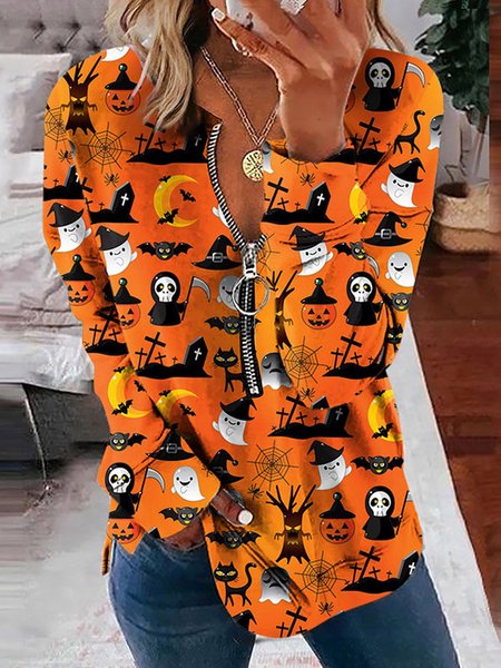 

Casual V neck Printed Long Sleeve Sweatshirts, Orange, Hoodies & Sweatshirts