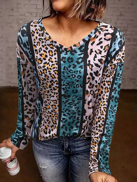 

Casual Loosen V neck Long Sleeve Shirts & Tops, Blue, T-Shirts