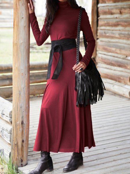 

Elegant Slim Fit Long Sleeve Knit Dress, Wine red, Maxi Dresses