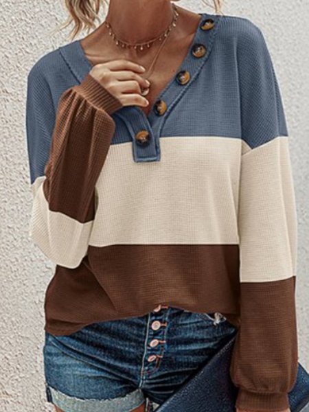 

Casual Long Sleeve V Neck Top, Multicolor, Tops
