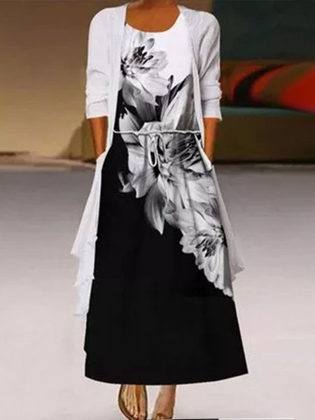 

Elegant Crew Neck Dresses, Black-white, Maxi Dresses