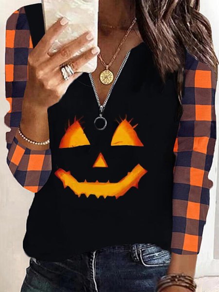 

Halloween Printed Plaid Long Sleeves Zipper V Neck Plus Size Casual Blouses, Multicolor, Tops