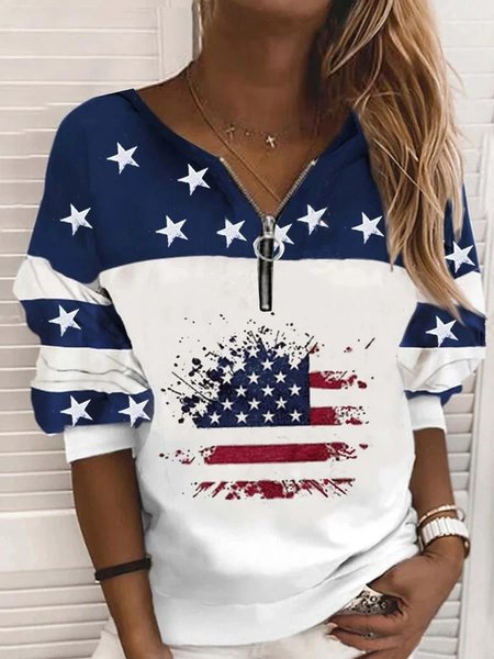 

Casuale hippie Stelle Cerniera Bandiera Stampato Girocollo Felpa, Blu, Blouses & Shirts