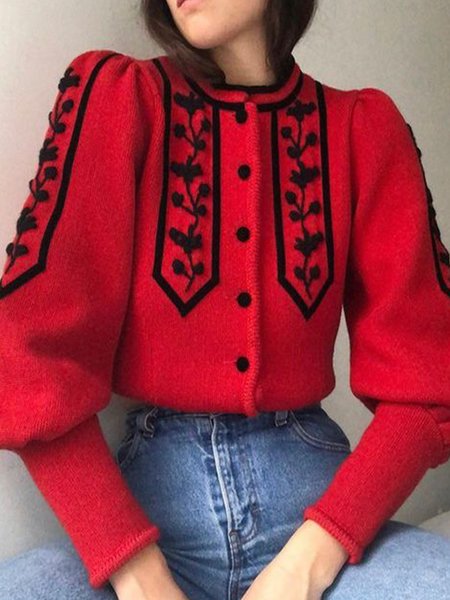 

Long Sleeve Plain Loosen Vintage Outerwear, Red, Cardigans