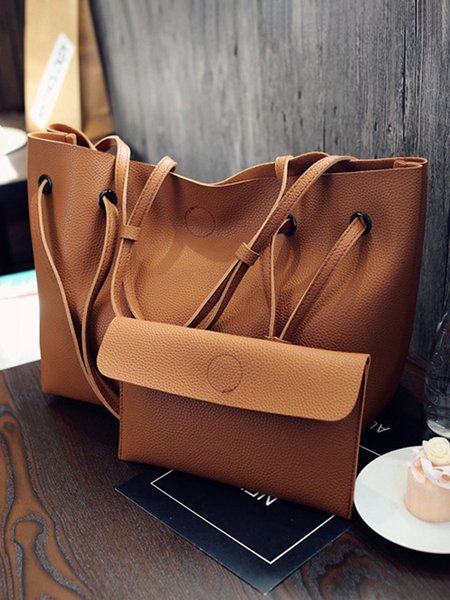 Simple Plain Shopping Bag Handbag Two Pieces, Brown, Bags