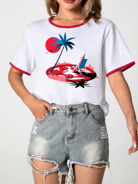

Unocis Fun Pattern Print Round Neck Short Sleeve Ringer Tee, Red, T-shirts
