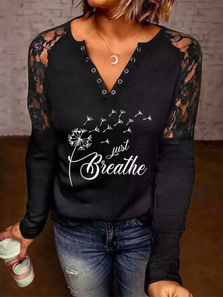 

Dandelion Letters Printed Long Sleeves V Neck Plus Size Casual Tops, Black, T-Shirts