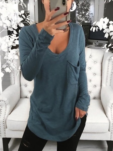 

Scollo a V Maniche Lunghe Solido Top, Blu, Blouses & Shirts