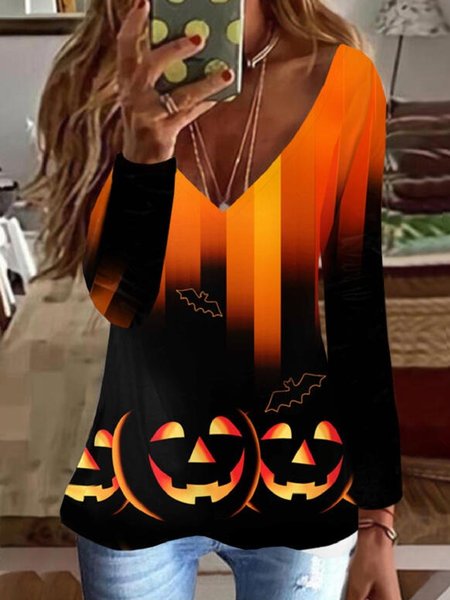 

Casual V Neck Printed Long Sleeve Shirts & Tops, As picture, Tops