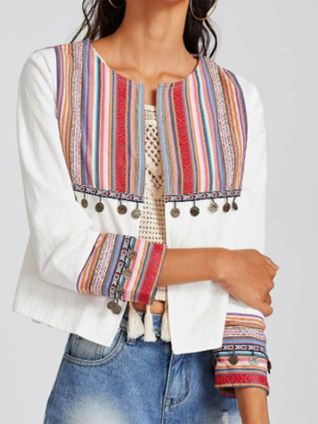 

Geometric Crew Neck Boho Outerwear, White, Coats