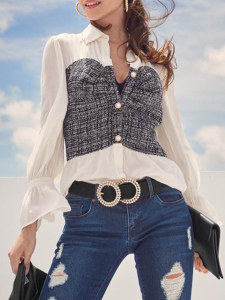 

Elegant Shirt Collar Plane Top, As picture, Blouses and Shirts