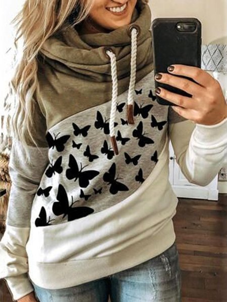 

Butterfly Color Block Casual Hooded Sweatshirt, As picture, Hoodies & Sweatshirts
