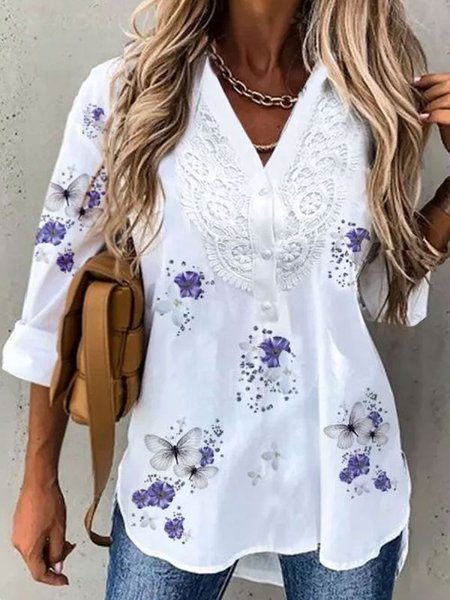 

V Neck Casual Loosen Shirts & Tops, White, Long sleeve tops