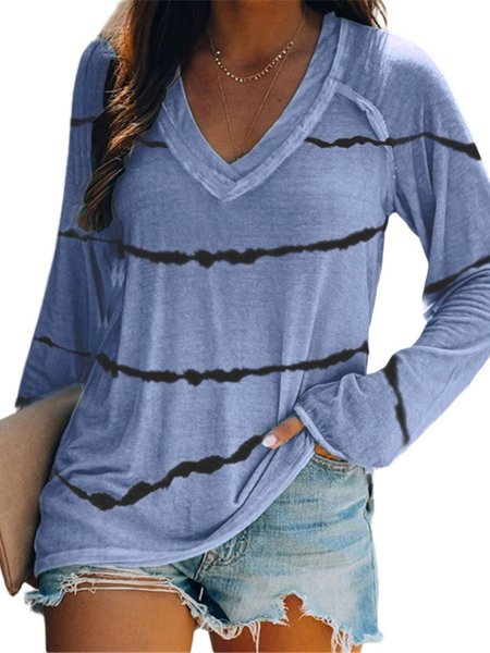 

Loosen Striped V Neck T-shirt, Blue, T-Shirts