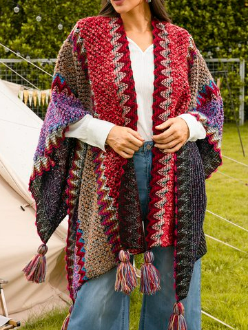 

Boho Fringed Cloak, Red, Cardigans