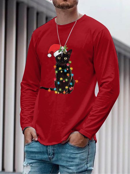 

Natale Gatto Grafico Maniche Lunghe Sciolto T-shirt, Rosso, T-shirts